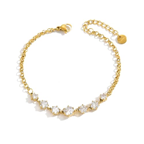 18K Gold Plated Cubic Zirconia Tennis Bracelet for Women Sparkling Stackable Stainless Steel Jewelry Hypoallergenic Tarnish Resistant Bridal Gift - color: 7 Round CZ-Gold