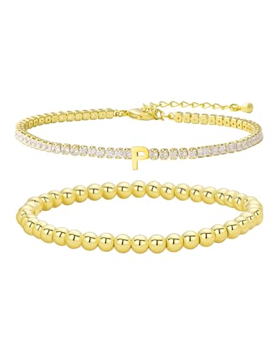 14K Gold Plated Bracelets for Women Dainty Tennis Initial Bracelet Trendy Beaded Stackable Charm Bracelets Layered Waterproof Bracelet Dainty Bracelet for Women Jewelry Gifts - style: P