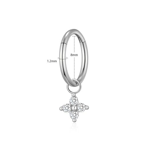 Ourania 16G Gold Stainless Steel Zircon Dangle Huggie Hoop Rook Piercing Helix Hoop Earring Tragus Hoop Cartilage Piercing for Women - color: Round Flower Silver 2PCS, size: 1.2*8mm 2pcs