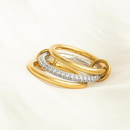 BKC Gold Stackable Rings for Women, 14k Gold Plated Chunky Statement Cubic Zirconia Rings, Silver Gold Multi Ring Interlocking Mixed Metals Stack Rings Set Non Tarnish - color: Modernist set, size: 6