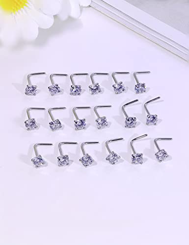 18G 20G 22G Nose Rings Studs with Cubic Zirconia 316L Surgical Steel Straight Screw L Shaped Nose Studs Piercing Jewelry for Women Men Girl CZ 1.5mm 2mm 2.5mm 3mm 20Pcs - color: C:22G L Shaped- Silver 3mm