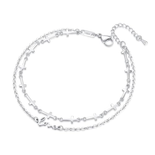 mnmoom Double Layer Cross Anklet for Women, Stainless Steel Love Charm, 10.6 Inch Adjustable Chain, Gold/Silver - color: Silver