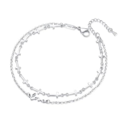 mnmoom Double Layer Cross Anklet for Women, Stainless Steel Love Charm, 10.6 Inch Adjustable Chain, Gold/Silver - color: Silver