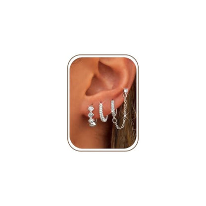 3 Pairs Dangle Hoop Chain Earrings Stacks for Women Trendy Huggie Earring | Non-Tarnish 5A CZ Stones Hoops Earrings Set for Multiple Piercing - style: Silver Plated-Hoop Dangle