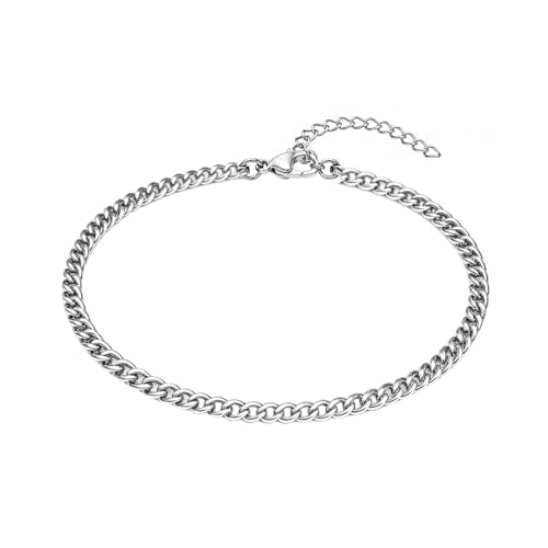 PICNHUAN Gold/Silver Ankle Bracelets for Women 14K Gold Plated Women's Anklets Silver Cuban Chain Anklet Waterproof Stainless Steel Anklet Summer Beach Foot Chain Jewelry Gifts for Women - color: Silver/Chain