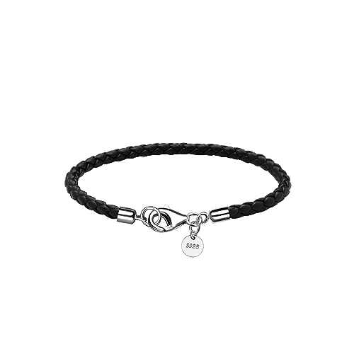 Leather Bracelet for Men Women 4MM Braided 925 silver Clasp 20/21/22cm with Jewelry Gift Box Handcrafted - color: Black, size: 8.2''