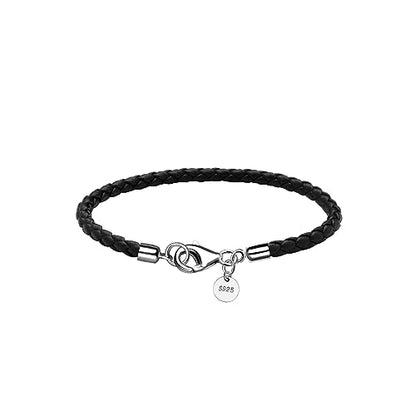 Leather Bracelet for Men Women 4MM Braided 925 silver Clasp 20/21/22cm with Jewelry Gift Box Handcrafted - color: Black, size: 8.2''