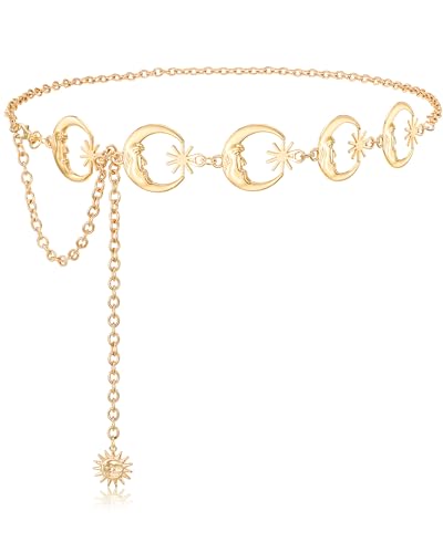 Chain Belt for Women Fashion Metal Waist Chain Belt for Dress Jeans - size: Fit Waist Up to 35'', style: Gold-moon