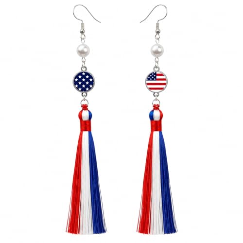 Handmade 925 Silver Plated Long Tassel Earring,Premium Flag Heritage Jewelry, Pride Patriotic Festival Gift For Women Party - color: America Flag Style