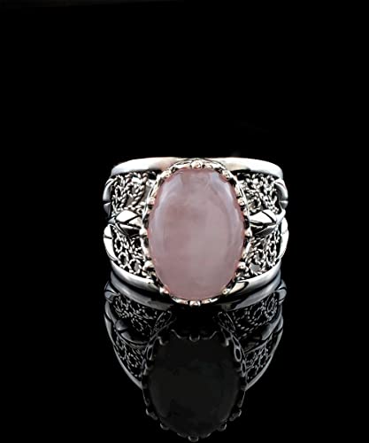 Filigranist 925 Sterling Silver Filigree Art Lace Embroidery Tulip Detailed Gemstone Women Cocktail Ring, Luxurious Gift Boxed - color: Rose Quartz