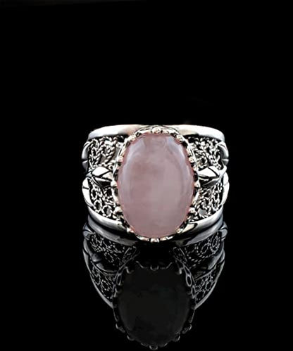 Filigranist 925 Sterling Silver Filigree Art Lace Embroidery Tulip Detailed Gemstone Women Cocktail Ring, Luxurious Gift Boxed - color: Rose Quartz