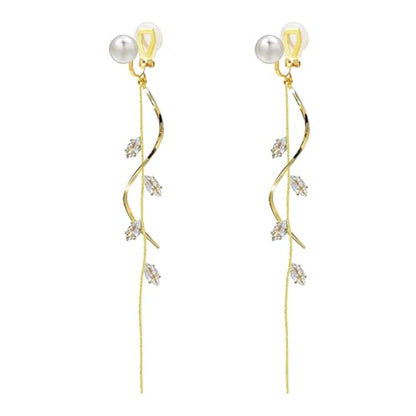 ASOQOLA Clip on Earrings Non Pierced for Women Long Dangle Drop Clip Earrings - Cubic Zirconia Leaf Earrings for Women Wedding Party Prom Jewelry Gifts - color: Gold-white