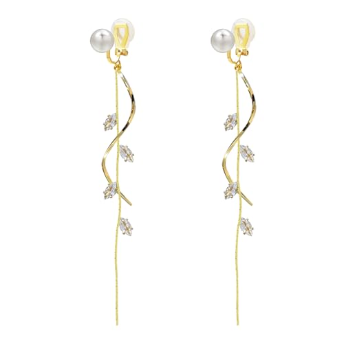 ASOQOLA Clip on Earrings Non Pierced for Women Long Dangle Drop Clip Earrings - Cubic Zirconia Leaf Earrings for Women Wedding Party Prom Jewelry Gifts - color: Gold-white