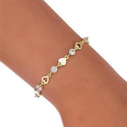 14K White Gold Plated Link Bracelet for Women Heart Star Round Beaded Charms Dainty Chain Simple Jewelry Gifts - color: star white zircon-gold