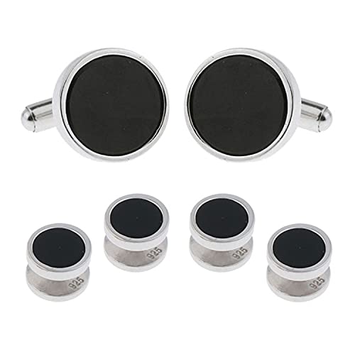 Mens Sterling Silver Black Onyx Cufflinks and Studs Formal Set with Presentation Box - Solid 925 Sterling Silver Wedding Party Tuxedo Shirt Studs - 5/8" cufflinks 3/8" studs Heirloom Luxury Set