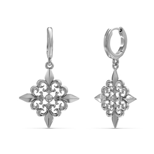 PUNKYOUTH Gothic Crest Dangle Drop Hoop Earrings Dark Alternative Piercing Jewelry 18G 1mm Antique Finish Ornate Scroll Cubic Zirconia Spike Statement Everyday Wear Accessories For Women Men - color: Fleur-de-lis-Silver