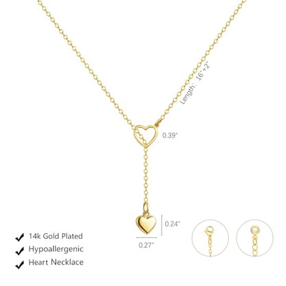 HERIER Lariat Gold Necklace for Women, Dainty Long Necklace 14k Gold Plated/Silver Y-Shaped Layered Beaded Chain Drop Necklaces for Women Trendy Simple Gold Jewelry for Women Gifts - color: Y Heart Necklace-Gold