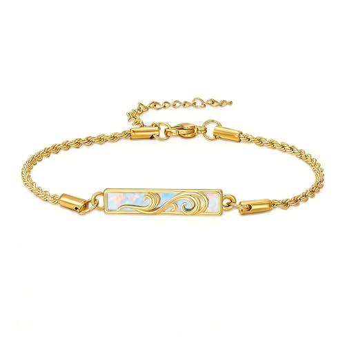 Waves/Tree of Life/Mushrooms/Moon Phase/Butterfly/Hummingbird Bracelet/Anklet 925 Sterling Silver Adjustable Abalone Shell Bar Bracelet/Anklet Summer Jewelry Gifts for Women - color: Waves-Opal-Yellow Gold, size: Bracele 7"+2"
