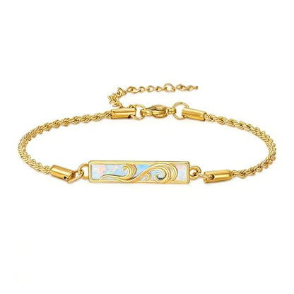 Waves/Tree of Life/Mushrooms/Moon Phase/Butterfly/Hummingbird Bracelet/Anklet 925 Sterling Silver Adjustable Abalone Shell Bar Bracelet/Anklet Summer Jewelry Gifts for Women - color: Waves-Opal-Yellow Gold, size: Bracele 7"+2"