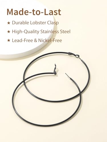 FindChic Thin Hoop Earrings for Women,Silver/Black/Gold Plated 20-100mm - color: Black, size: 90mm
