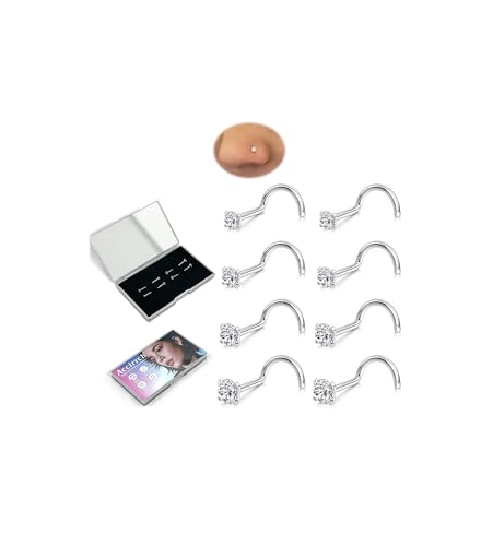 8Pcs Nose Rings Studs Set for Women Men: Hypoallergenic G23 Titanium/316L Surgical Stainless Steel Nose Studs, Nickel-free Lead-free L Shaped Corkscrew Nose Piercing Jewelry CZ 1.5mm 2mm 2.5mm 3mm - style: Titanium 8Pcs 20G Corkscrew Silver