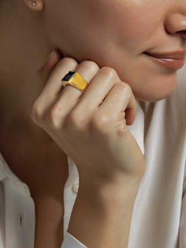 KeyStyle Square Gemstone Signet Rings for Men, Personalized Stainless Steel Pinky Ring with Black Onxy Blue Topaz Birthstone Statement Ring - color: Gold -Black Onyx - 8mm