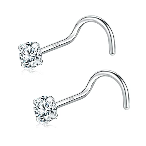 PunkTracker 20g 14K Real Gold Nose Rings CZ Simulated Diamond Nose Studs | Hypoallergenic Nostril Nose Piercing Jewelry for Women Men - color: 2pcs, 2mm, screw