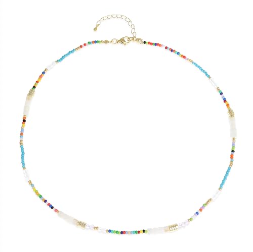 Gold Seed Beaded Necklaces for Women, Boho Handmade Adjustable Colorful Beads Choker Summer Beach Jewelry Gift. - color: White Blue