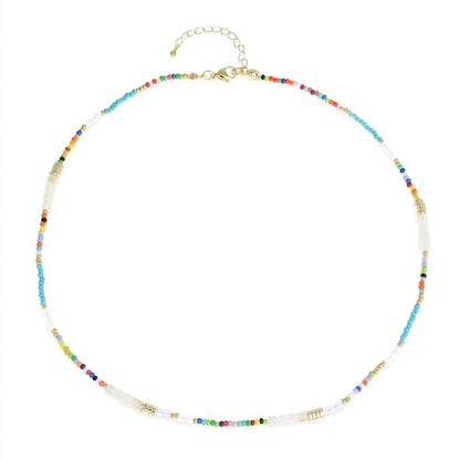 Gold Seed Beaded Necklaces for Women, Boho Handmade Adjustable Colorful Beads Choker Summer Beach Jewelry Gift. - color: White Blue