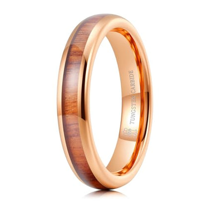 THREE KEYS JEWELRY Tungsten Wedding Band Koa wood Inlay Black Domed | 4mm, 6mm, 8mm, Everyday Wear, Black, Domed, Koa wood inlay - color: Rose Gold+Hawaiian Wood 4mm