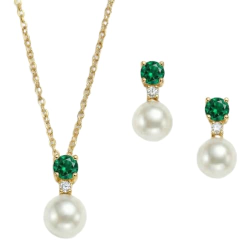 Mariell Pearl Wedding Necklace Earrings Set with CZ Crystal, Jewelry for Brides, Bridesmaid, Mother's Day - color: Gold-Green Cubic Zirconia