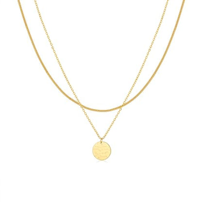 Layered Necklaces for Women 14K Gold Plated Stack Circle Pendant Trendy Long Chain Stackable Handmade Coin Necklace Set Dainty Gold Stacked Jewelry Gifts - color: Gold-2
