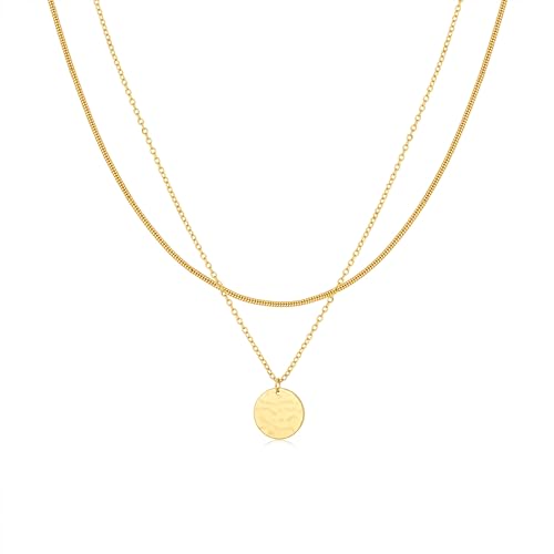Layered Necklaces for Women 14K Gold Plated Stack Circle Pendant Trendy Long Chain Stackable Handmade Coin Necklace Set Dainty Gold Stacked Jewelry Gifts - color: Gold-2