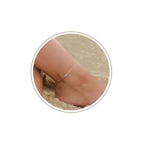 Dainty Simple Chain Anklet for Women 18k Gold/Silver Plated Summer Beach Beaded Evil Eye Moon Figaro Butterfly Satellite Cuban Pearl Flat Marina Anklet Gift - color: Transparent Bead-Gold