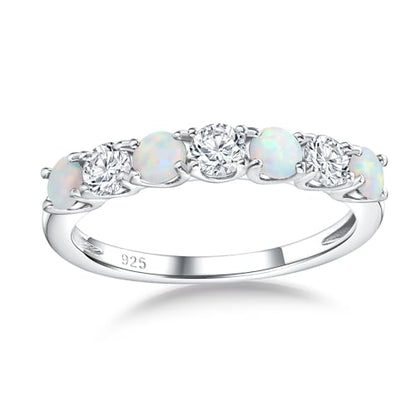 Birthstone Wedding Band Eternity Rings 925 Sterling Silver Rings Stackable Anniversary Engagement Rings Cubic Zirconia Inlaid Created Garnet/Amethyst/Sapphire Ring 7 Stone Ring, Size 6 to 10 - color: Opal & 5A CZ