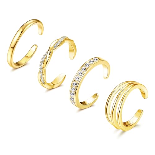 4Pcs 14K Gold Plated, White Gold Plated Toe Rings for Women | Silver Toe Rings, Hug CZ, Triple Twist, Simple Band, Open Toe Rings, Adjustable, Waterproof - color: Gold