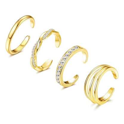 4Pcs 14K Gold Plated, White Gold Plated Toe Rings for Women | Silver Toe Rings, Hug CZ, Triple Twist, Simple Band, Open Toe Rings, Adjustable, Waterproof - color: Gold