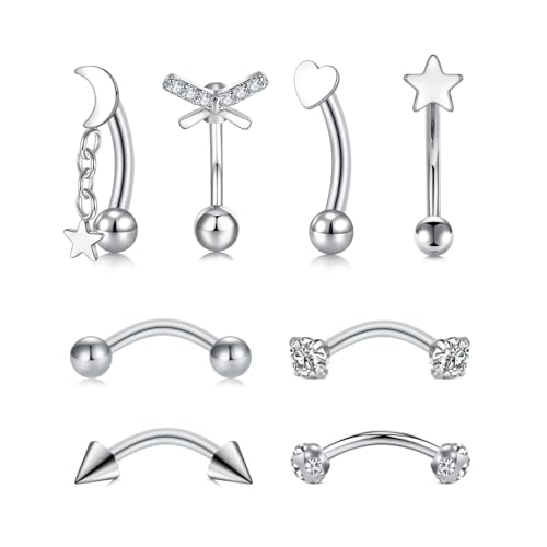 FECTAS 16G 8PCS Rook Piercing Jewelry Eyebrow Rings for Women Rook Earrings Tragus Daith Cartilage Lip Belly Surface Curved Barbell Piercing Jewelry 10mm 8mm - style: style3-8mm-silver