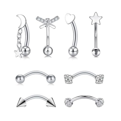 FECTAS 16G 8PCS Rook Piercing Jewelry Eyebrow Rings for Women Rook Earrings Tragus Daith Cartilage Lip Belly Surface Curved Barbell Piercing Jewelry 10mm 8mm - style: style3-8mm-silver