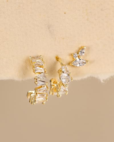 3 Pairs Earring Stacks, Gold Earring Set Jewelry Gift for Women | Small, 14K Gold/White Gold/Black/Rose Gold Plated, Hypoallergenic, Her, Everday, Stackable, Simple, 3 Holes - color: Gold-Geometric