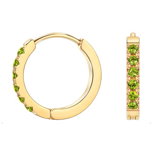 Birthstone Huggie Hoop Earrings for Women, Cubic Zirconia Small Hoops | 316L Surgical Steel, 18K Gold or Silver, 6-10mm, Hypoallergenic Waterproof, Cartilage Piercing, Birthday Gift - color: 08 AUG. Olive Green - Gold, size: 10mm