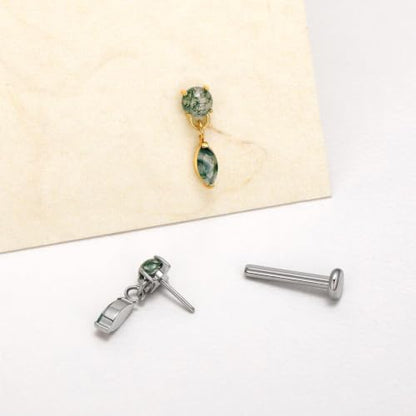 1PC ASTM F136 Titanium Push Pin Moss Agate Stone Flat Back Earrings 16G 8mm for Helix Conch Tragus - color: Teardrop-Tit