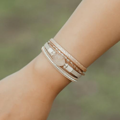 Boho Chunky Leather Wrap Bracelets Stackable Beaded Western Country Jewelry | Crystal Bead Trendy Layered Cuff Magnetic Clasp Stack Bohemian Statement Costume Outfits Cowgirl Fashion Hippie Accessories - color: Cream, size: 7.7"
