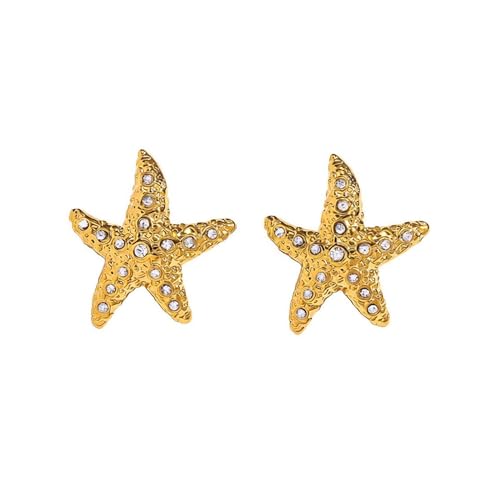 Gold Statement Earrings For Women, 14K Gold Plated Textured Geometric Drop Earrings - Hypoallergenic Stainless Steel Statement Earrings for Women, Waterproof Fan-Shaped Dangle Earrings for Beach & Daily Wear - color: Starfish CZ DKE252030GL