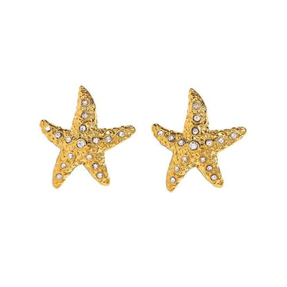 Gold Statement Earrings For Women, 14K Gold Plated Textured Geometric Drop Earrings - Hypoallergenic Stainless Steel Statement Earrings for Women, Waterproof Fan-Shaped Dangle Earrings for Beach & Daily Wear - color: Starfish CZ DKE252030GL