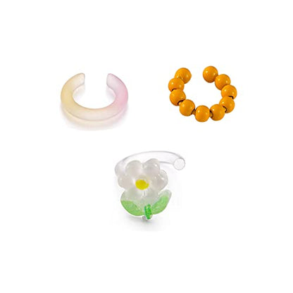 Sweet Flower Ear Cuffs Wrap Earrings for Women Acrylic Resin Colorful Bead Ball Cartilage Earring Fake Huggie Hoops Non Piercing Clip On Lovely Summer Ear Jewelry Gifts 3 PCS Set