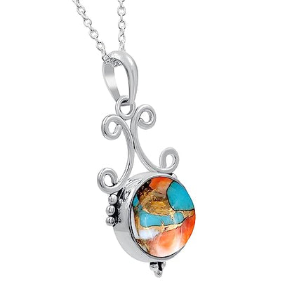 Natural Round Gemstone Pendant Necklace for Women, 925 Sterling Silver | Solitaire Birthstone Jewelry With 18 Inch Chain, Handmade Semi Precious Stone Pendant, Jewelry Gift for Mom, Wife & Sister - color: Oyster Copper Turquoise