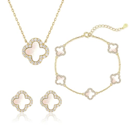 925 Sterling Silver Four Leaf Clover Bracelet – Real Silver Lucky Clover Jewelry for Women, Dainty Good Luck Gift for Her - color: Gold – MOP Set