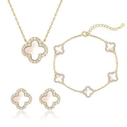 925 Sterling Silver Four Leaf Clover Bracelet – Real Silver Lucky Clover Jewelry for Women, Dainty Good Luck Gift for Her - color: Gold – MOP Set