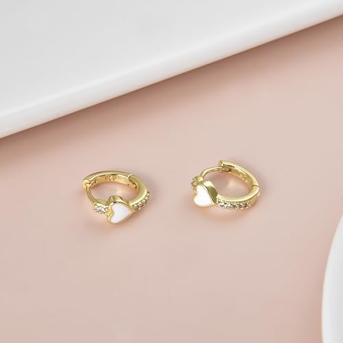 Enamel Heart Huggie Hoop Earrings with Cubic Zirconia Silver Small Hinged Hoops for Women - color: Heart White Enamel
